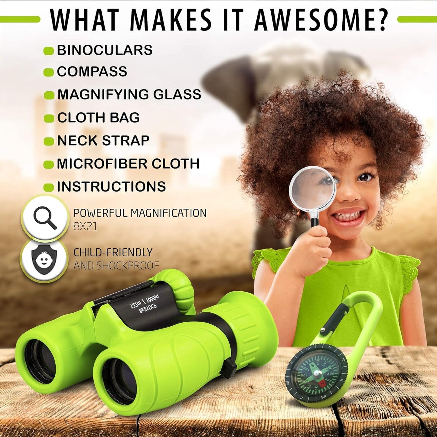 Binoculars for Kids Lightweight Outdoor Adventure with Magnifying Glass & Compass, Educational Toy Gift for Ages 4+