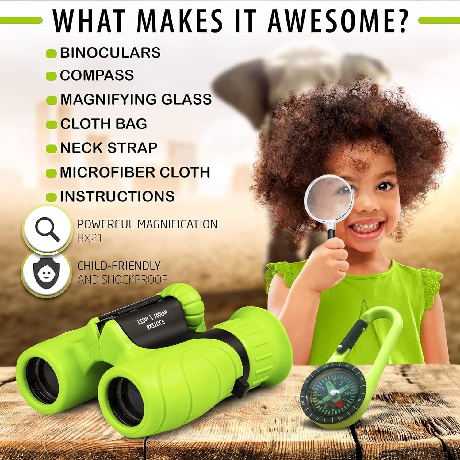 Binoculars for Kids Lightweight Outdoor Adventure with Magnifying Glass & Compass, Educational Toy Gift for Ages 4+