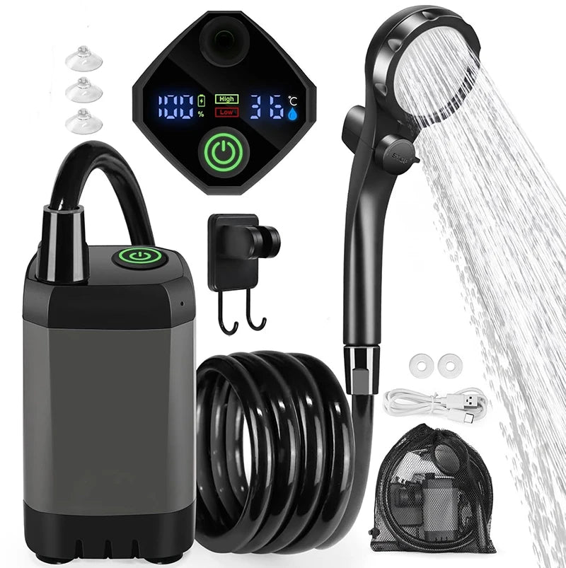 Camping Shower Kit with 5-Gallon Foldable Bucket – Rechargeable Pump & Intelligent Digital Display for Portable Outdoor Shower