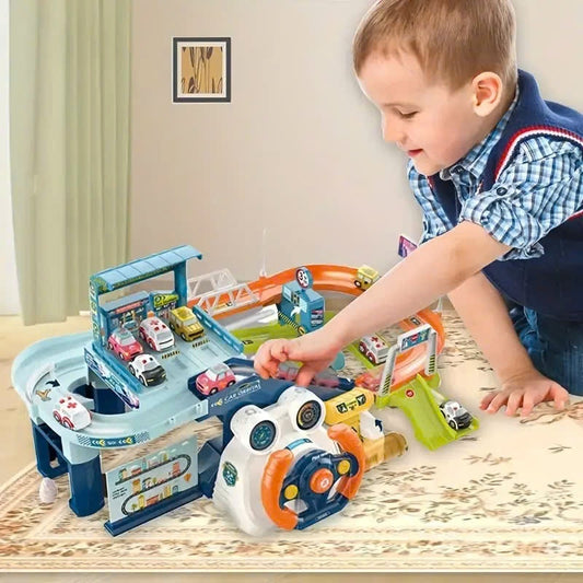 Car Garage Tracks Simulation Steering Wheel Toy Set Vehicle Playsets with Musical Puzzle Car Tracks Gifts for Child