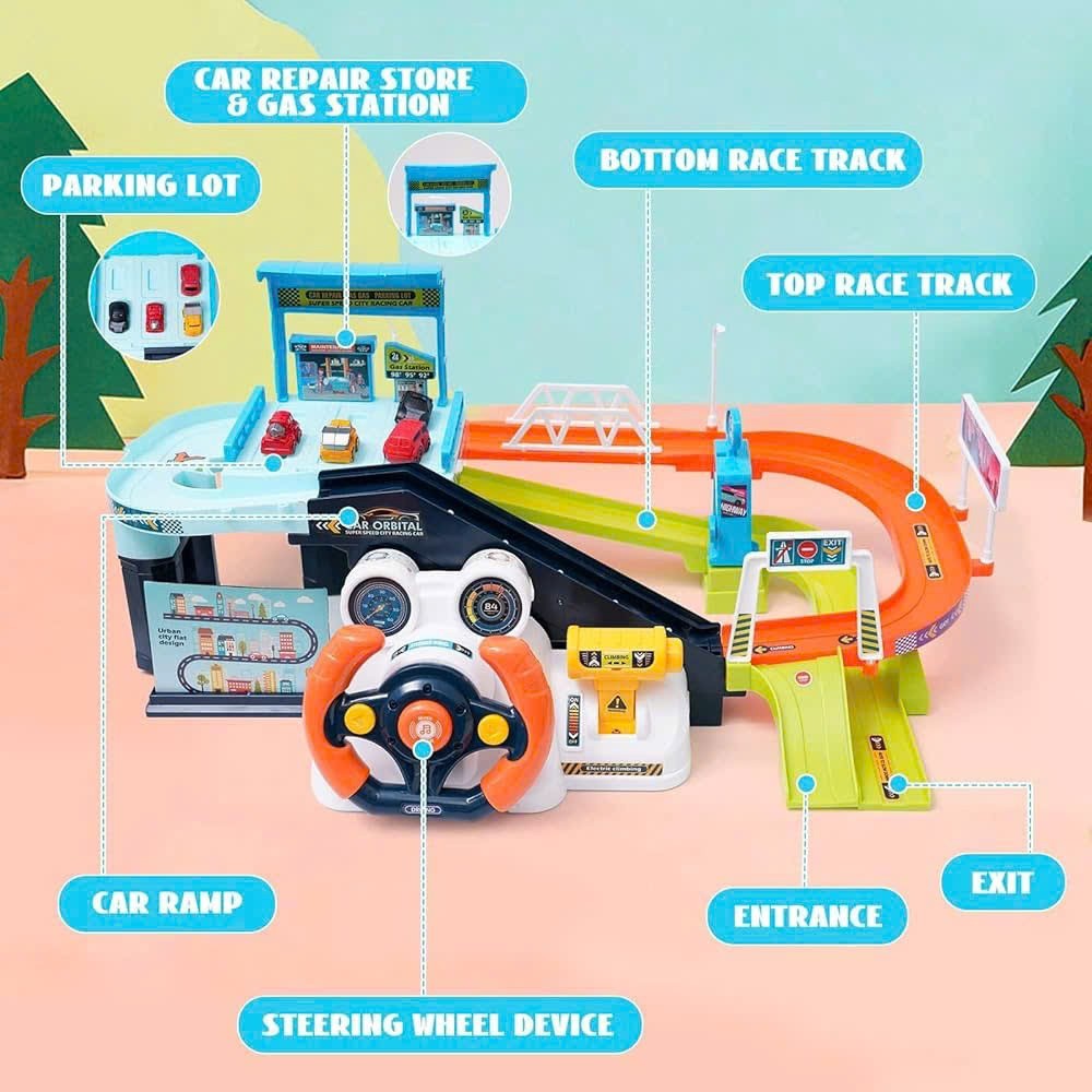 Car Garage Tracks Simulation Steering Wheel Toy Set Vehicle Playsets with Musical Puzzle Car Tracks Gifts for Child