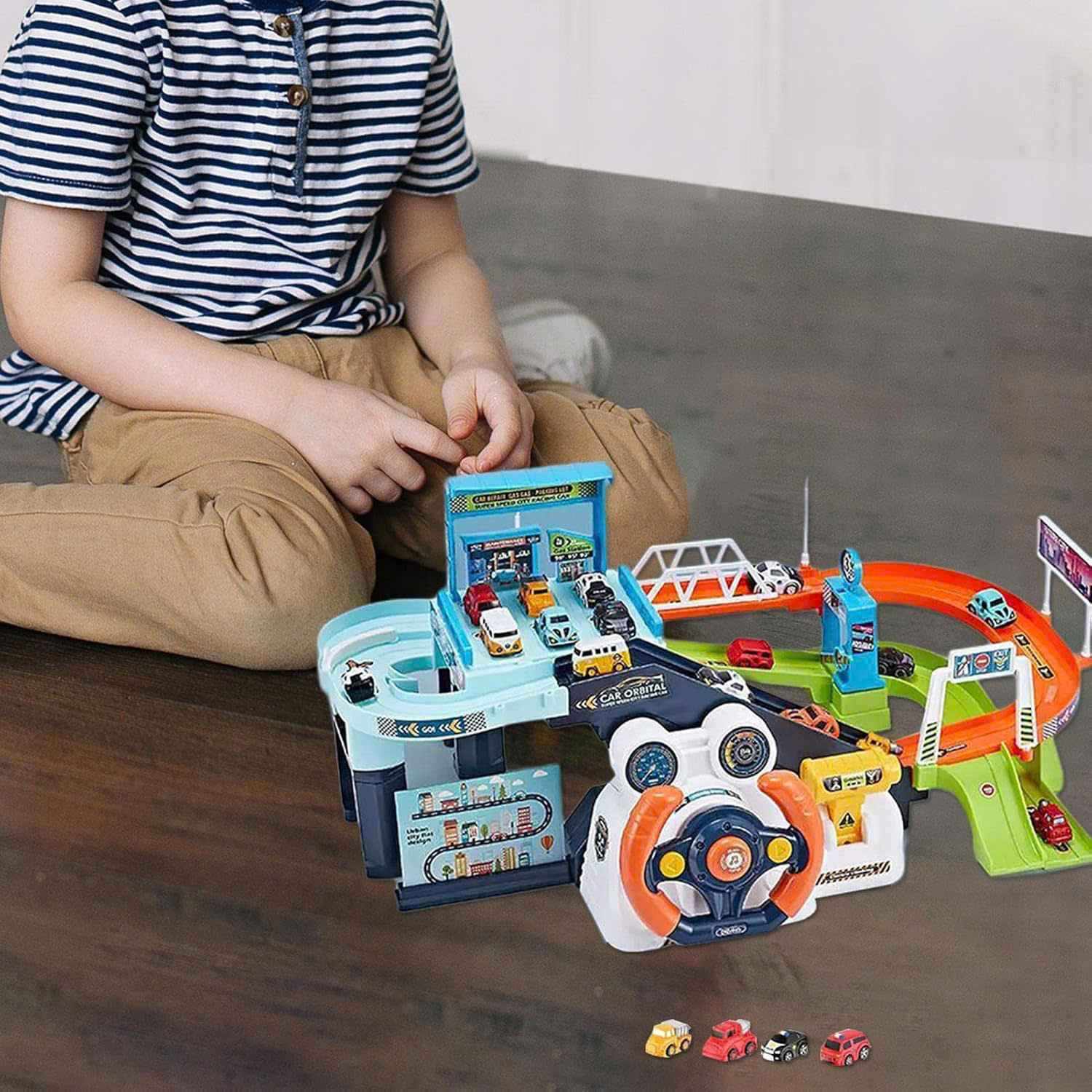 Car Garage Tracks Simulation Steering Wheel Toy Set Vehicle Playsets with Musical Puzzle Car Tracks Gifts for Child