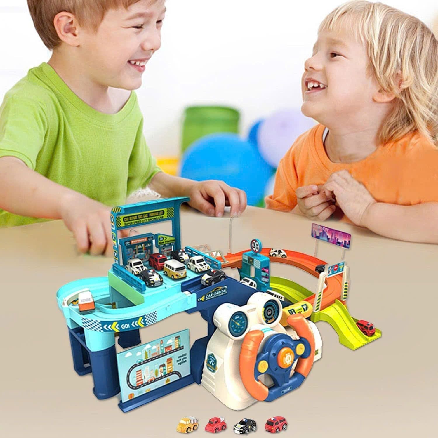 Car Garage Tracks Simulation Steering Wheel Toy Set Vehicle Playsets with Musical Puzzle Car Tracks Gifts for Child