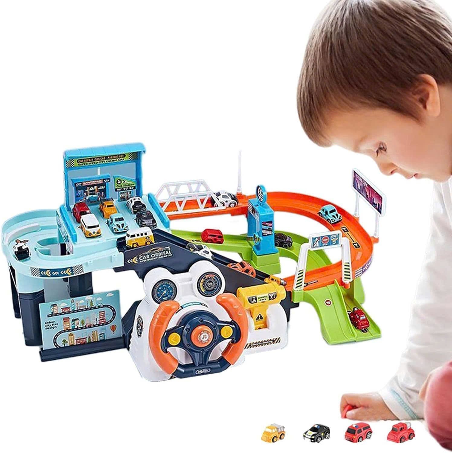 Car Garage Tracks Simulation Steering Wheel Toy Set Vehicle Playsets with Musical Puzzle Car Tracks Gifts for Child