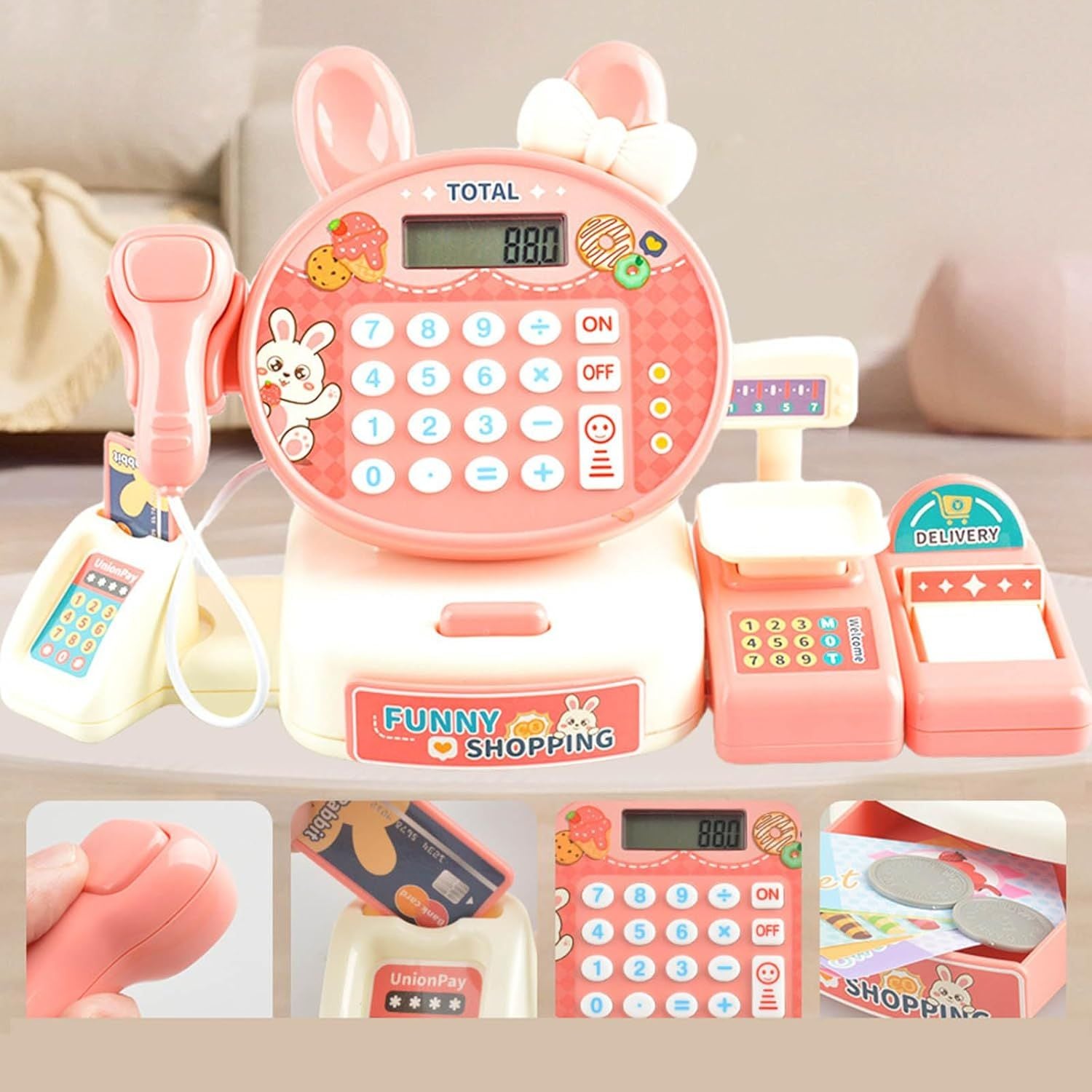 Cash Register Toy for Kids with Card Swipe Sound LED Lights and Built in Basic Calculator, Safe for Ages 3+