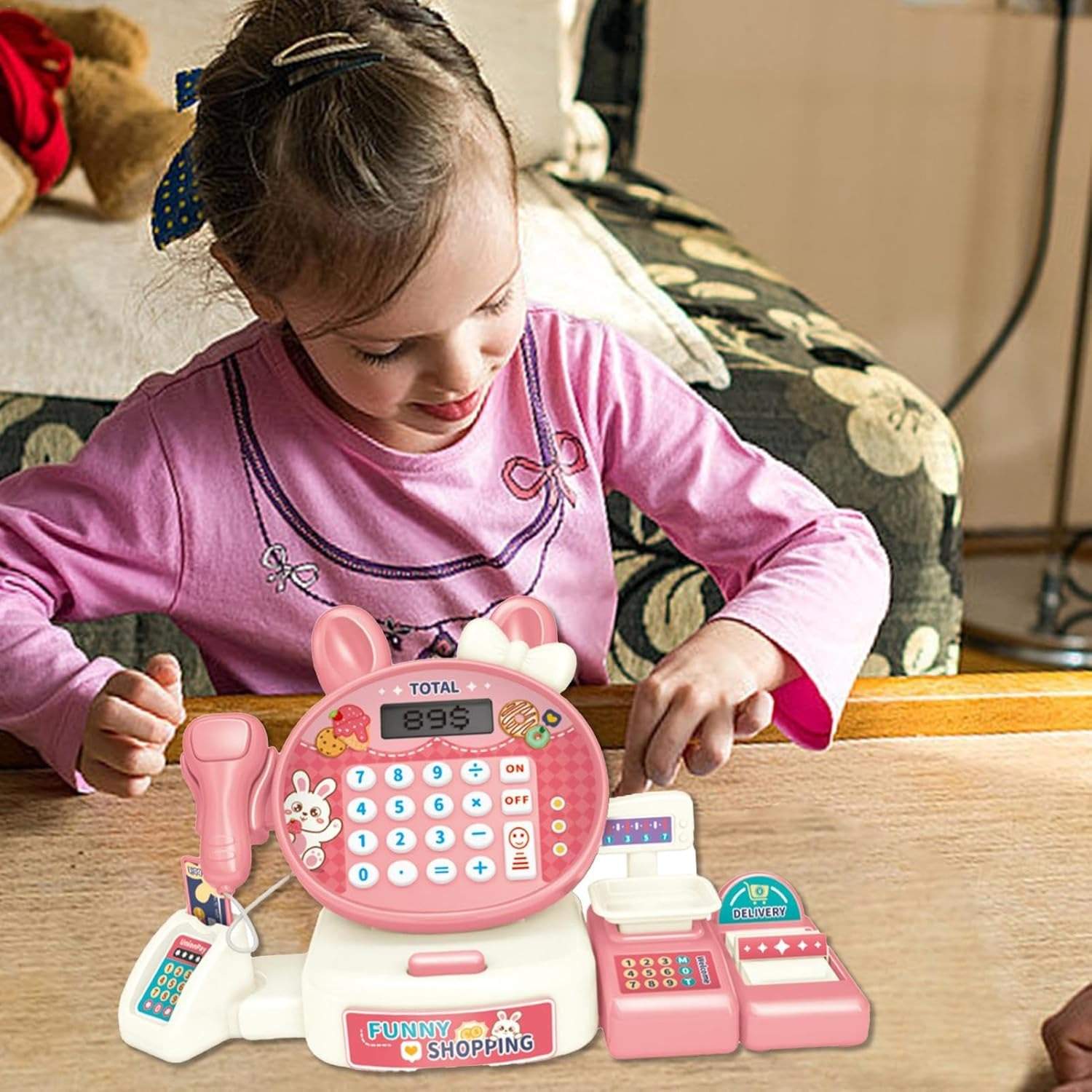 Cash Register Toy for Kids with Card Swipe Sound LED Lights and Built in Basic Calculator, Safe for Ages 3+