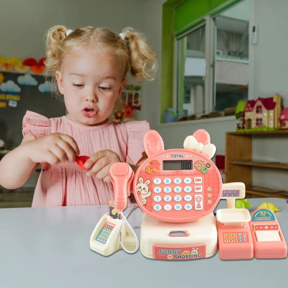 Cash Register Toy for Kids with Card Swipe Sound LED Lights and Built in Basic Calculator, Safe for Ages 3+