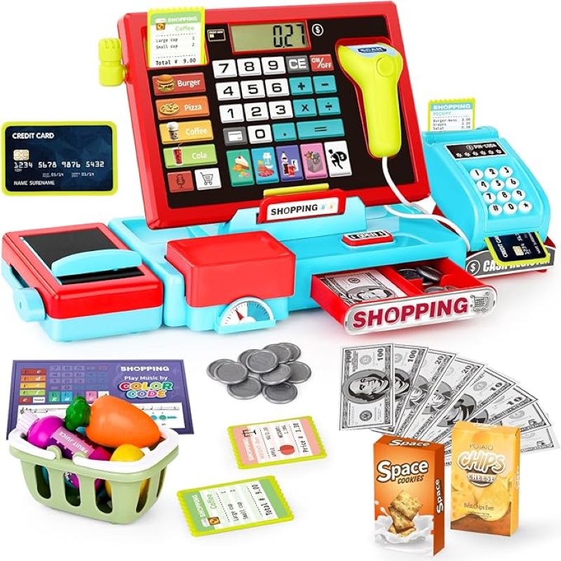 Cash Register Toy with Real Calculator, Pretend Play Store, Educational Preschool Learning Playset, Safe for Ages 3+