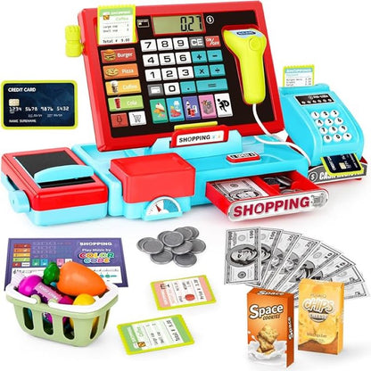 Cash Register Toy with Real Calculator, Pretend Play Store, Educational Preschool Learning Playset, Safe for Ages 3+