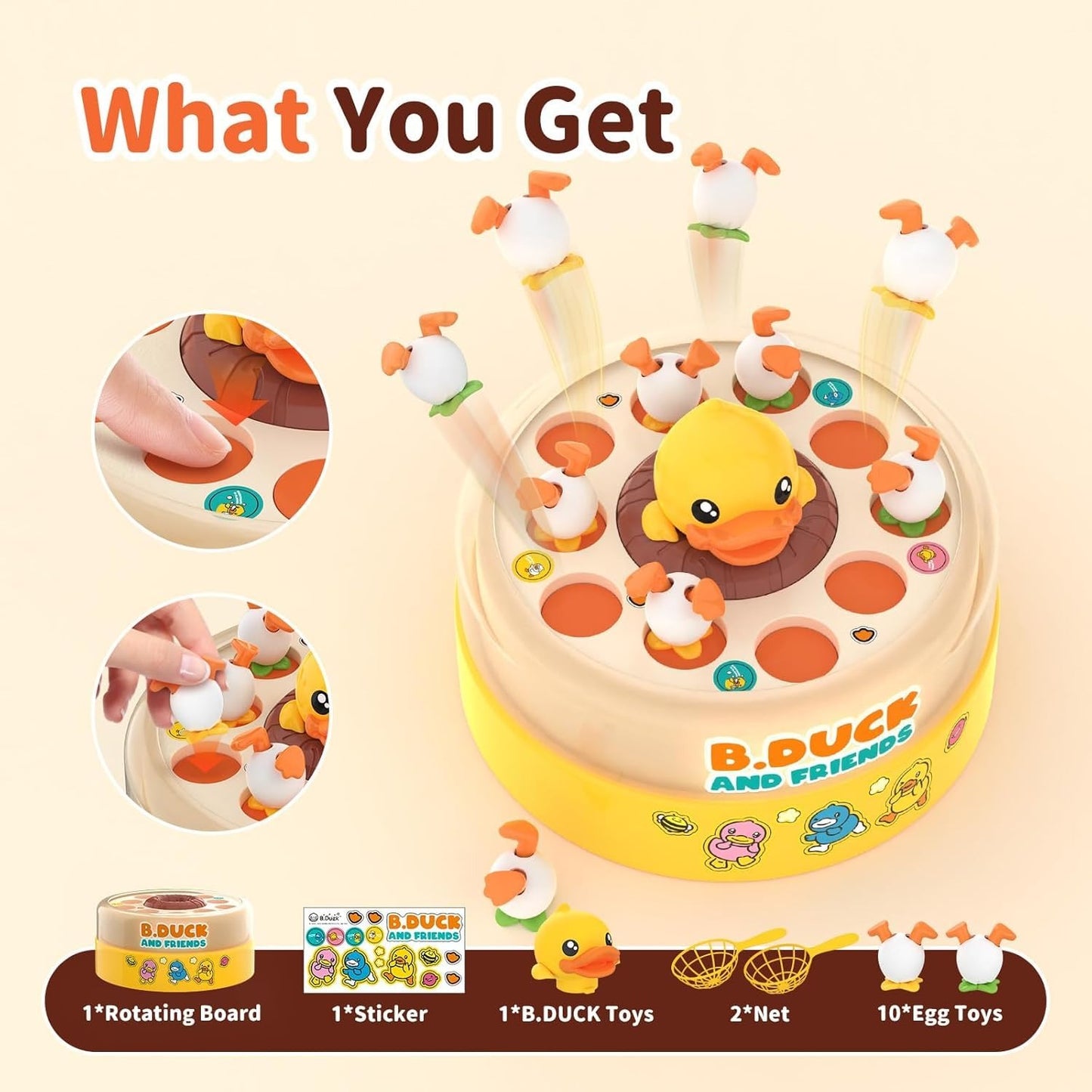 Children Duck Fishing Toy with Spring Popping Ducks, Catching Net and Spinner Base – Safe for Ages 3+