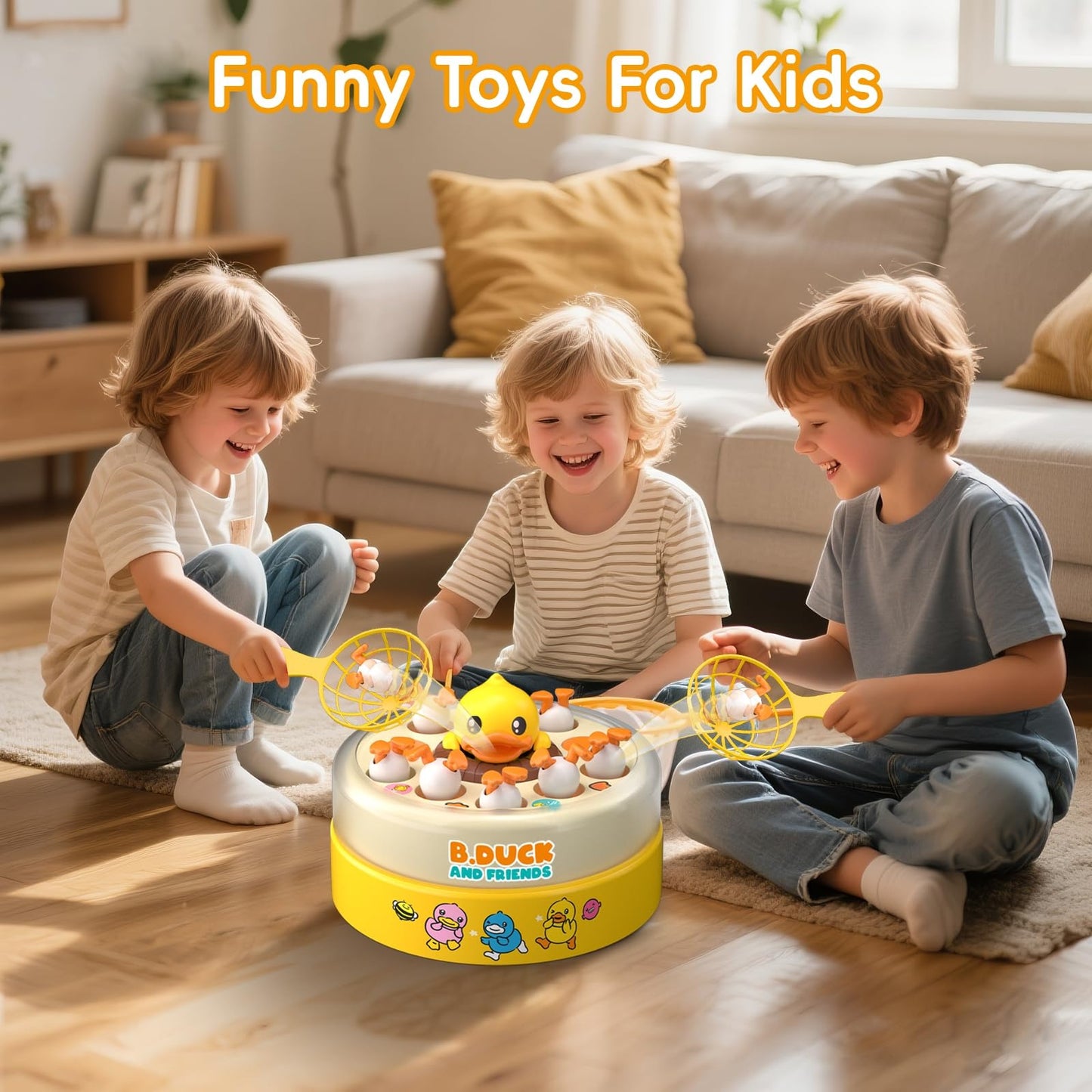 Children Duck Fishing Toy with Spring Popping Ducks, Catching Net and Spinner Base – Safe for Ages 3+