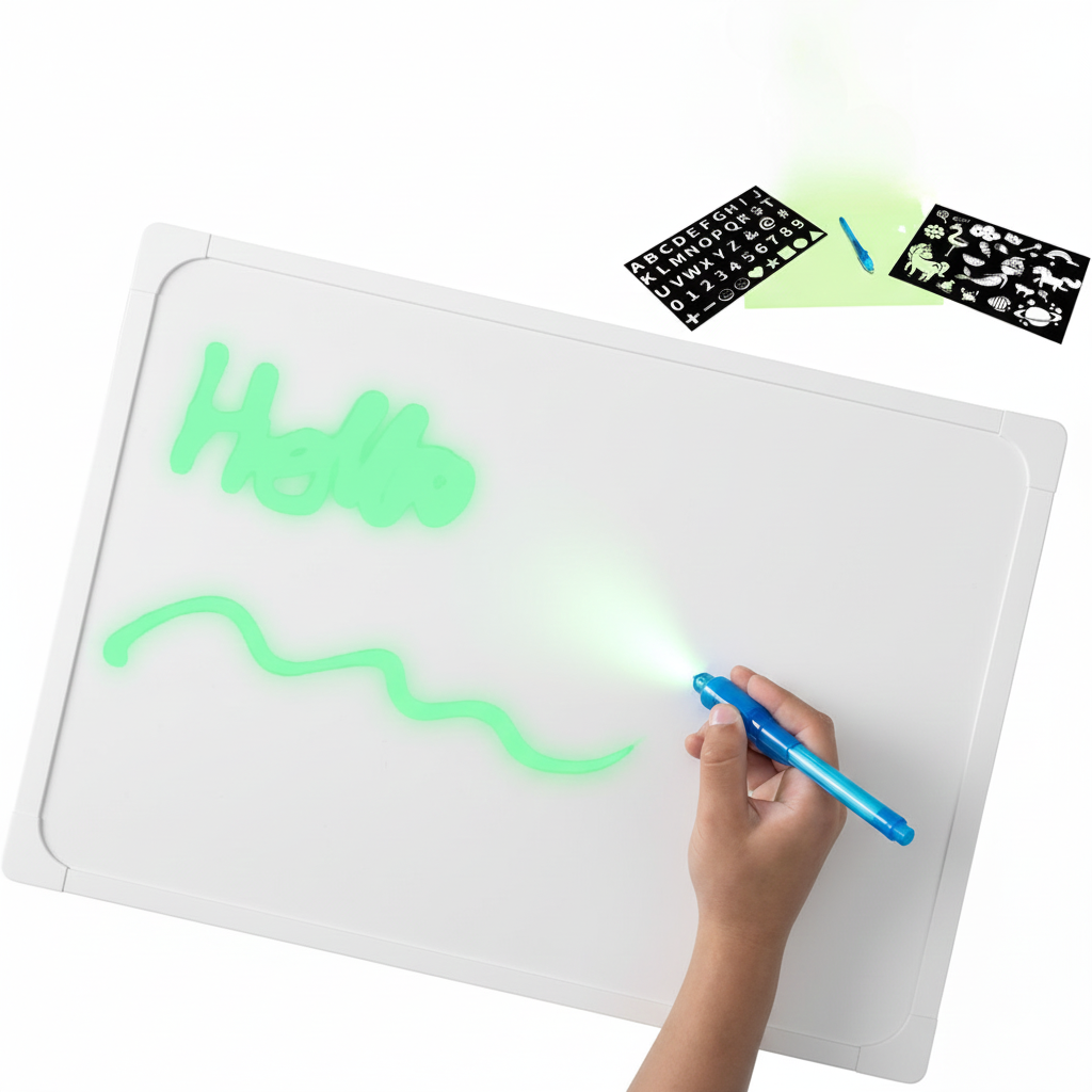 Children’s Drawing Board with LED Light Drawing – Includes Alphabet and Number Stencils, Encourages Creativity and Learning Safe For Ages 3+