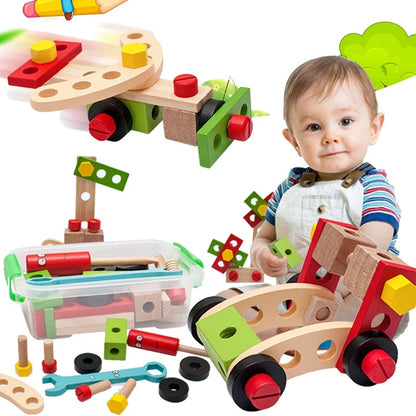 Children's Wooden Toolbox Set Toy with Creative Building, Motor Skills Development, Shape & Color Recognition, Safe for Ages 3+