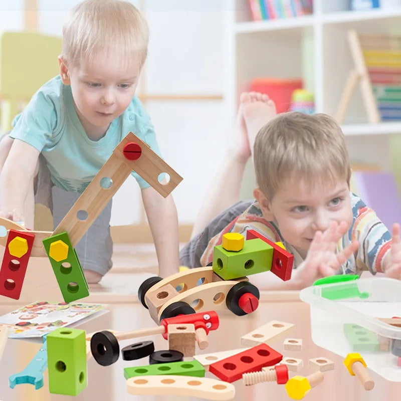 Children's Wooden Toolbox Set Toy with Creative Building, Motor Skills Development, Shape & Color Recognition, Safe for Ages 3+
