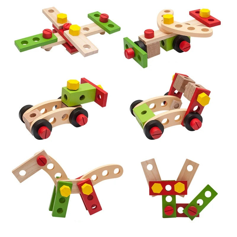 Children's Wooden Toolbox Set Toy with Creative Building, Motor Skills Development, Shape & Color Recognition, Safe for Ages 3+
