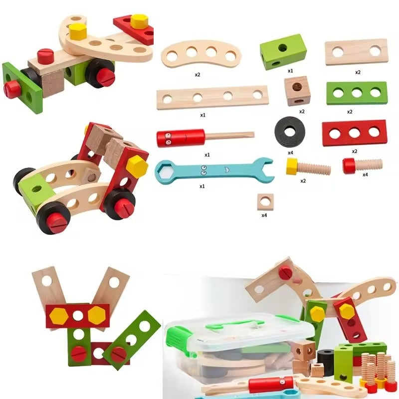Children's Wooden Toolbox Set Toy with Creative Building, Motor Skills Development, Shape & Color Recognition, Safe for Ages 3+