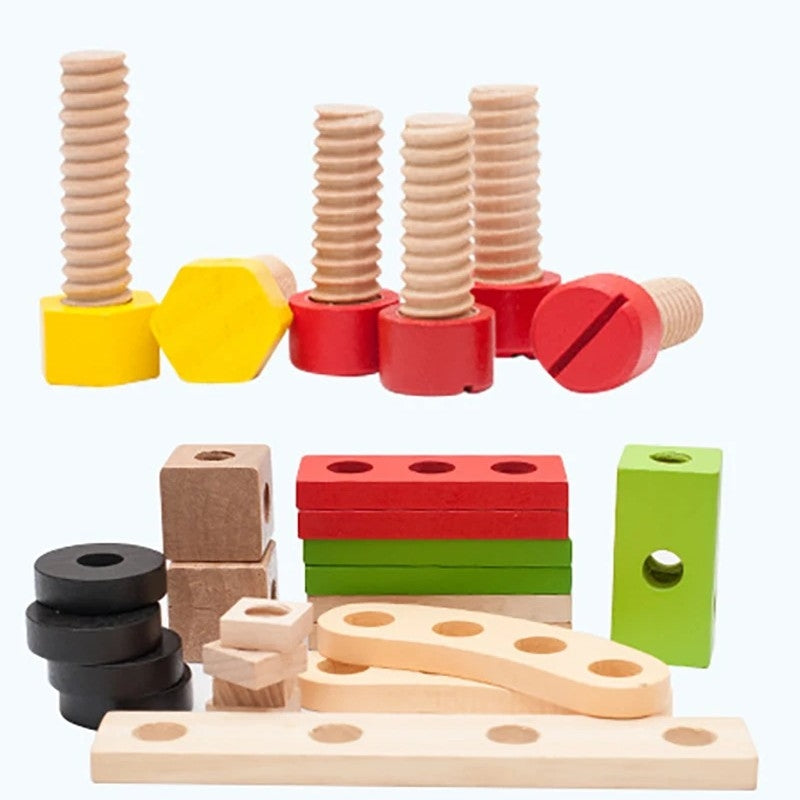 Children's Wooden Toolbox Set Toy with Creative Building, Motor Skills Development, Shape & Color Recognition, Safe for Ages 3+