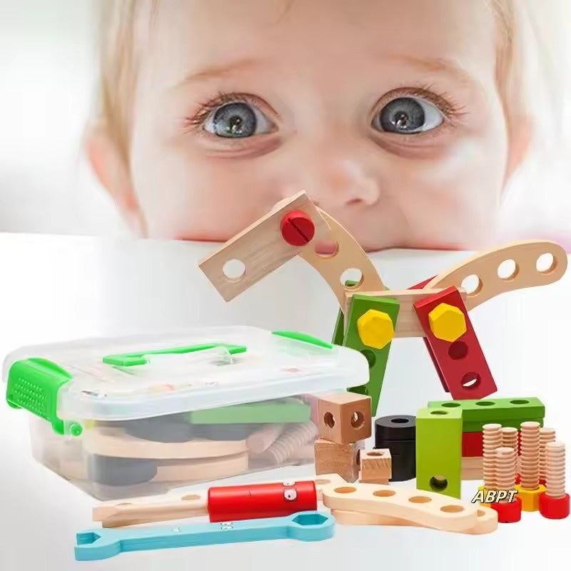 Children's Wooden Toolbox Set Toy with Creative Building, Motor Skills Development, Shape & Color Recognition, Safe for Ages 3+