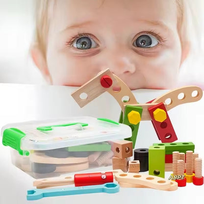 Children's Wooden Toolbox Set Toy with Creative Building, Motor Skills Development, Shape & Color Recognition, Safe for Ages 3+
