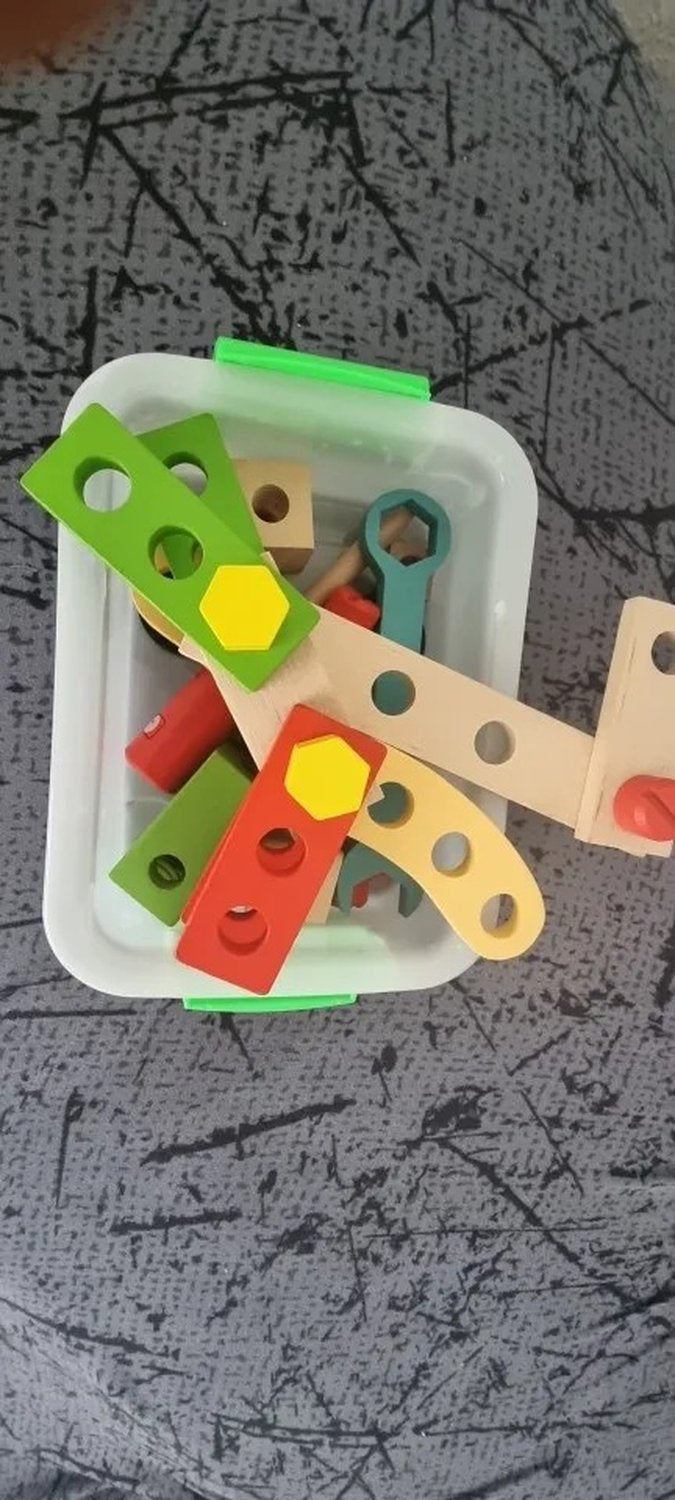 Children's Wooden Toolbox Set Toy with Creative Building, Motor Skills Development, Shape & Color Recognition, Safe for Ages 3+