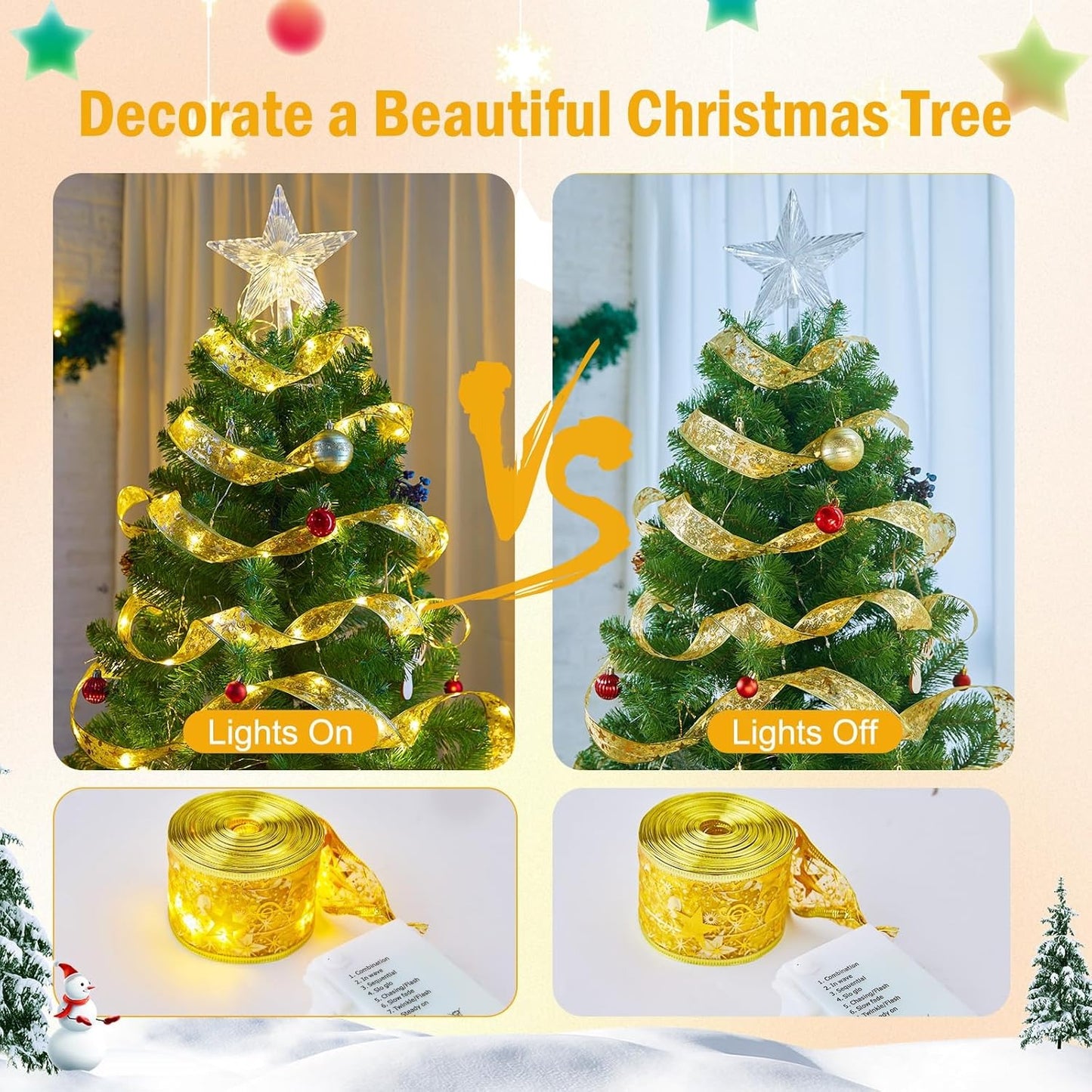 Christmas Ribbon Fairy Lights - Colorful Tree Decoration & DIY Bow Light Strip