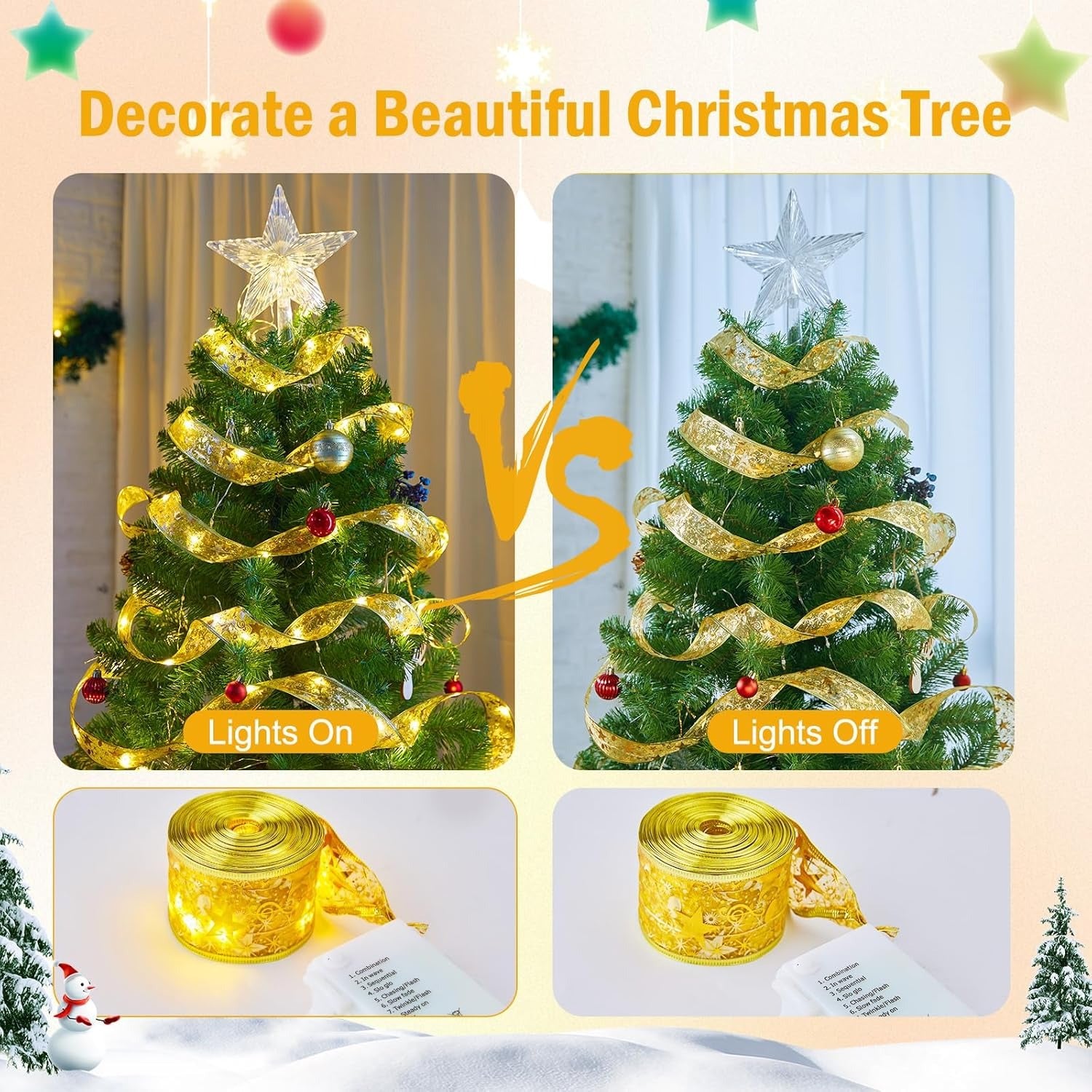 Christmas Ribbon Fairy Lights - Colorful Tree Decoration & DIY Bow Light Strip
