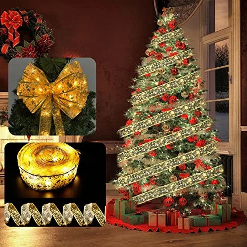 Christmas Ribbon Fairy Lights - Colorful Tree Decoration & DIY Bow Light Strip