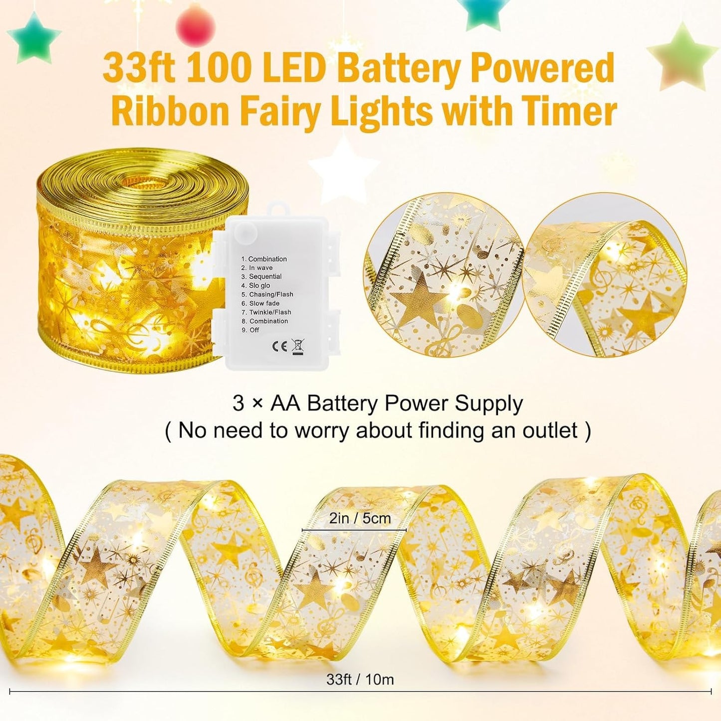 Christmas Ribbon Fairy Lights - Colorful Tree Decoration & DIY Bow Light Strip