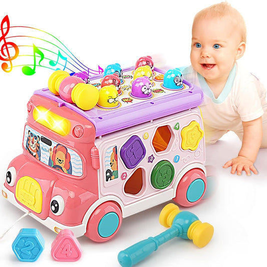 Colorful Baby Bus Learning Toy with Shape Sorter, Whack-a-Mole Game, Musical Steering Wheel, Safe for Ages 3+