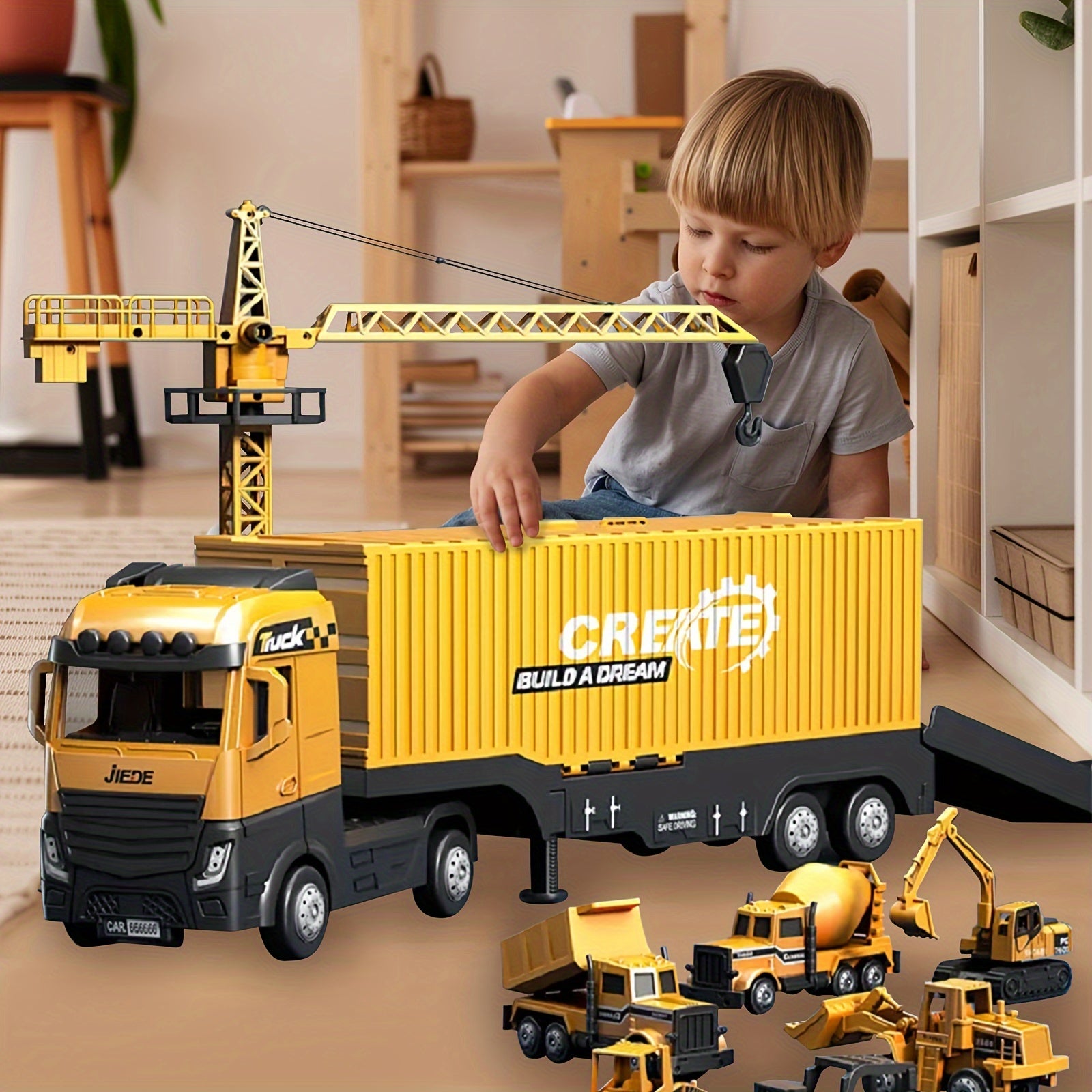 Construction Truck Set with Cargo Truck with Bulldozer, Tractor, Forklift, Mixer, Excavator, Crane and Dumper