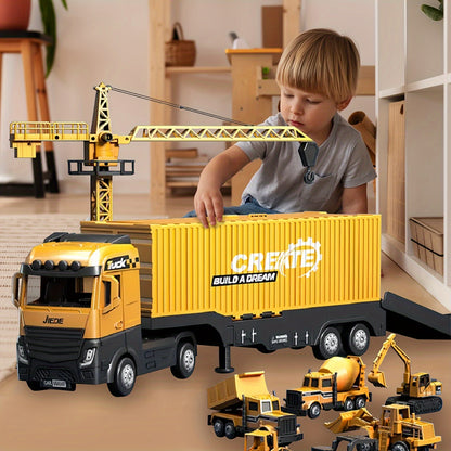 Construction Truck Set with Cargo Truck with Bulldozer, Tractor, Forklift, Mixer, Excavator, Crane and Dumper
