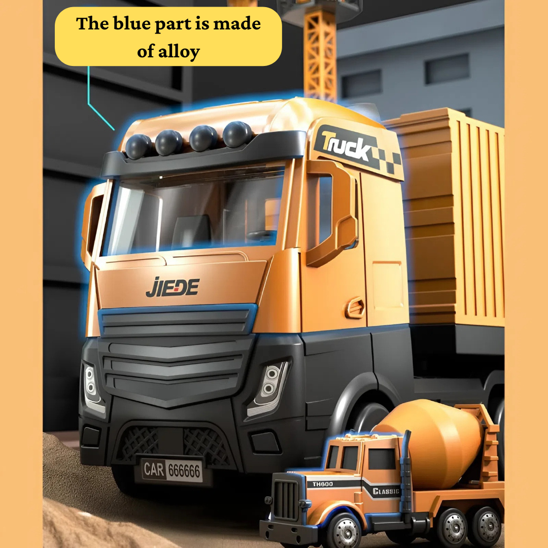 Construction Truck Set with Cargo Truck with Bulldozer, Tractor, Forklift, Mixer, Excavator, Crane and Dumper