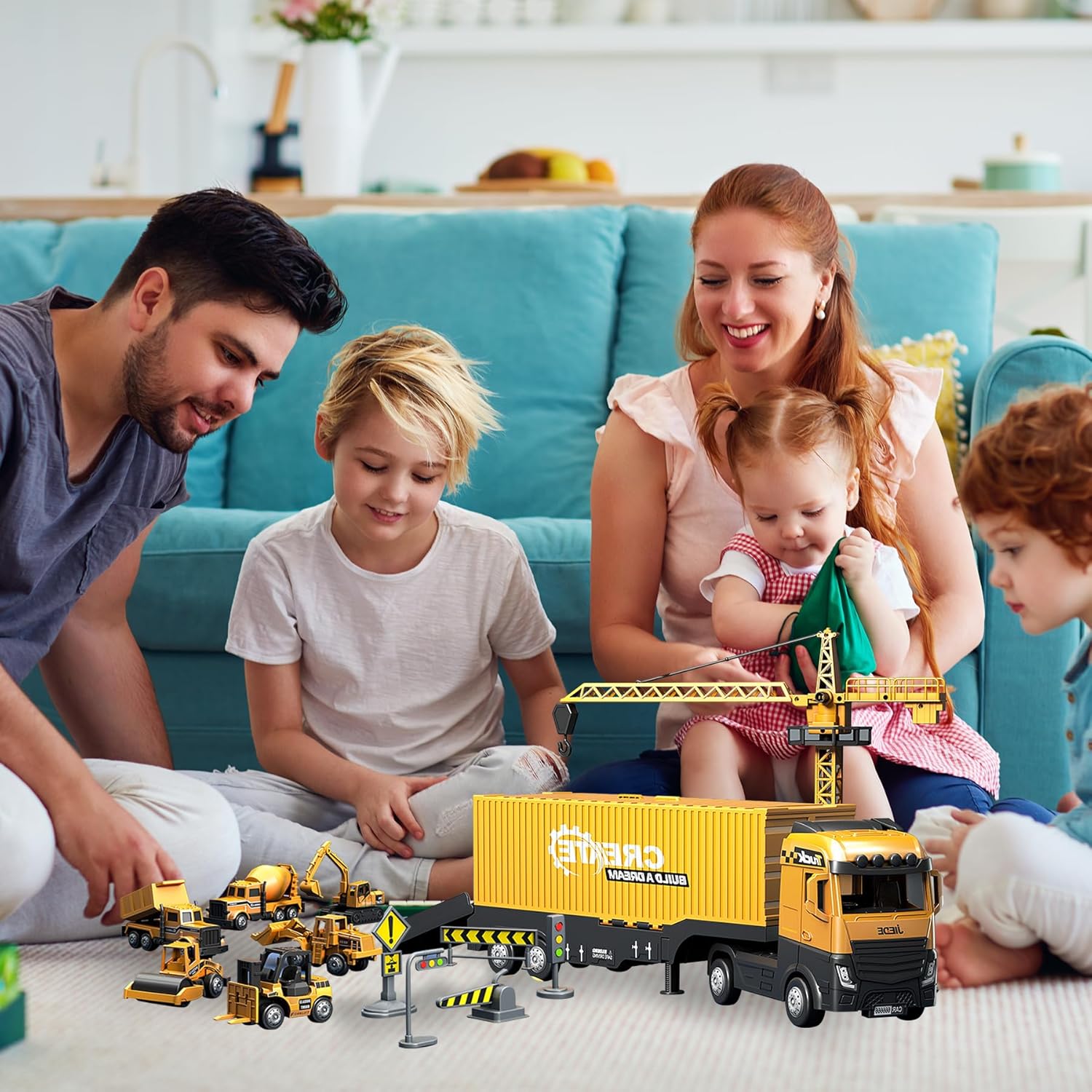 Construction Truck Set with Cargo Truck with Bulldozer, Tractor, Forklift, Mixer, Excavator, Crane and Dumper