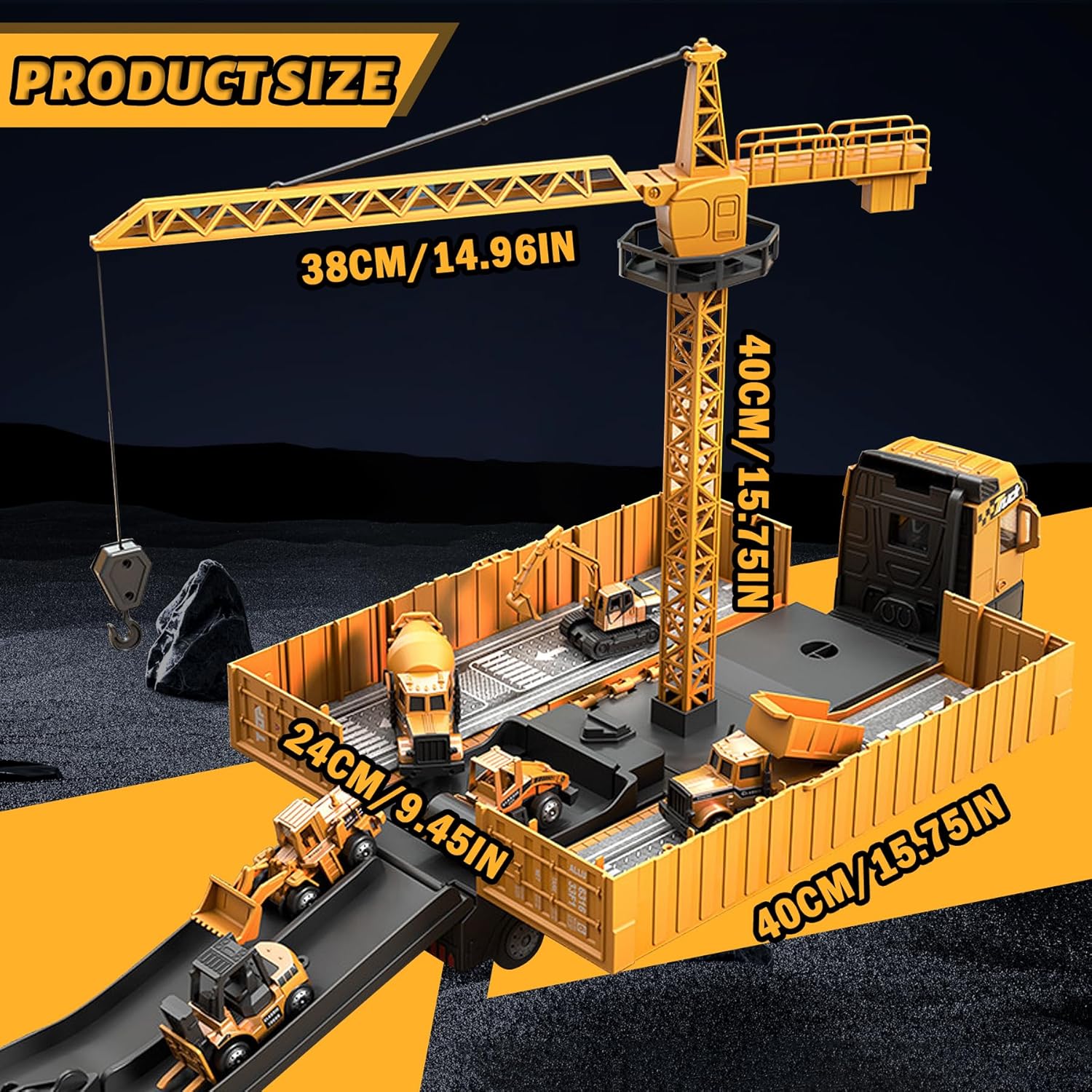 Construction Truck Set with Cargo Truck with Bulldozer, Tractor, Forklift, Mixer, Excavator, Crane and Dumper
