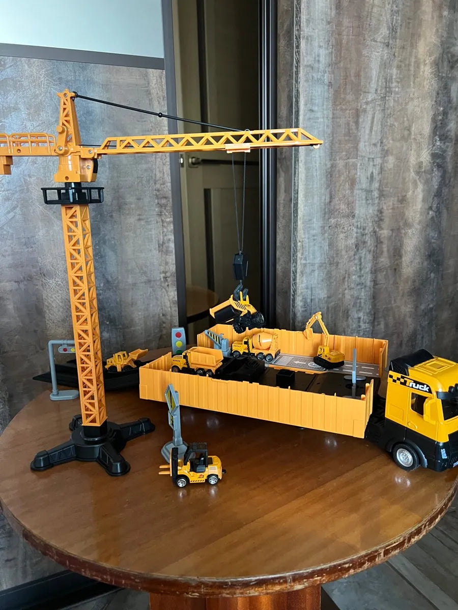 Construction Truck Set with Cargo Truck with Bulldozer, Tractor, Forklift, Mixer, Excavator, Crane and Dumper