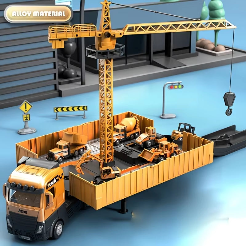 Construction Truck Set with Cargo Truck with Bulldozer, Tractor, Forklift, Mixer, Excavator, Crane and Dumper