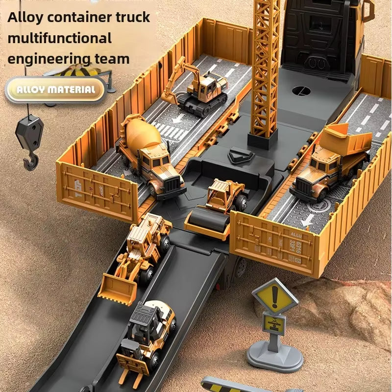 Construction Truck Set with Cargo Truck with Bulldozer, Tractor, Forklift, Mixer, Excavator, Crane and Dumper