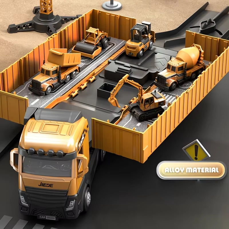 Construction Truck Set with Cargo Truck with Bulldozer, Tractor, Forklift, Mixer, Excavator, Crane and Dumper