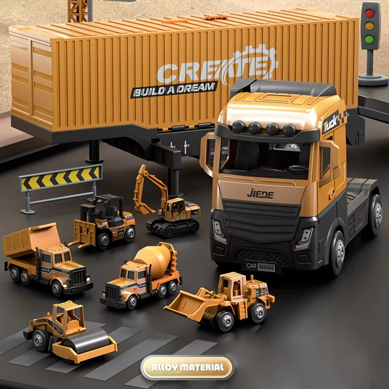 Construction Truck Set with Cargo Truck with Bulldozer, Tractor, Forklift, Mixer, Excavator, Crane and Dumper