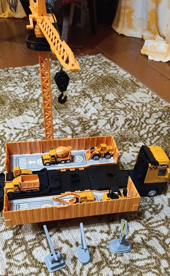 Construction Truck Set with Cargo Truck with Bulldozer, Tractor, Forklift, Mixer, Excavator, Crane and Dumper
