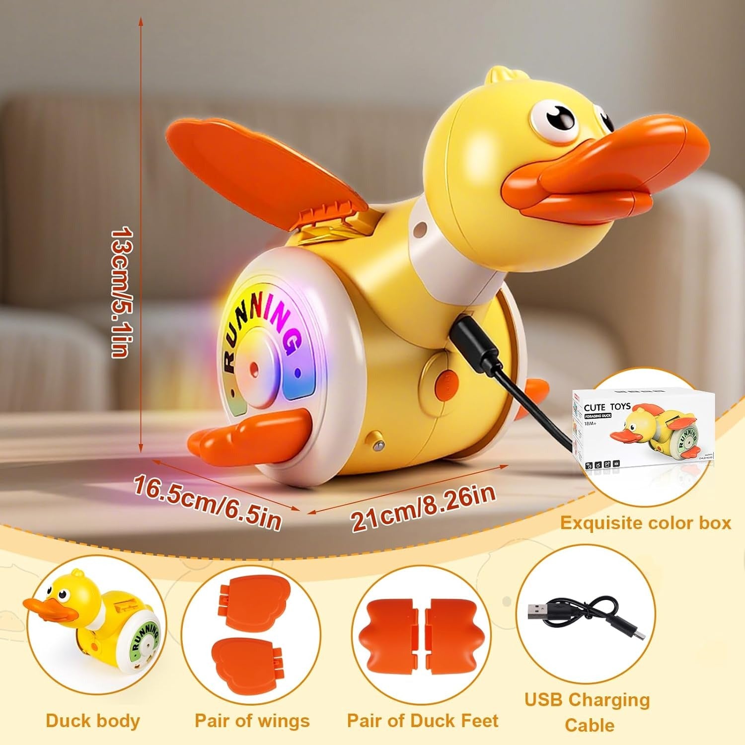 Crawling Baby with Musical Duck, Auto Obstacle Avoidance, RGB Lights, 360° Spinning, Safe for Ages 1+