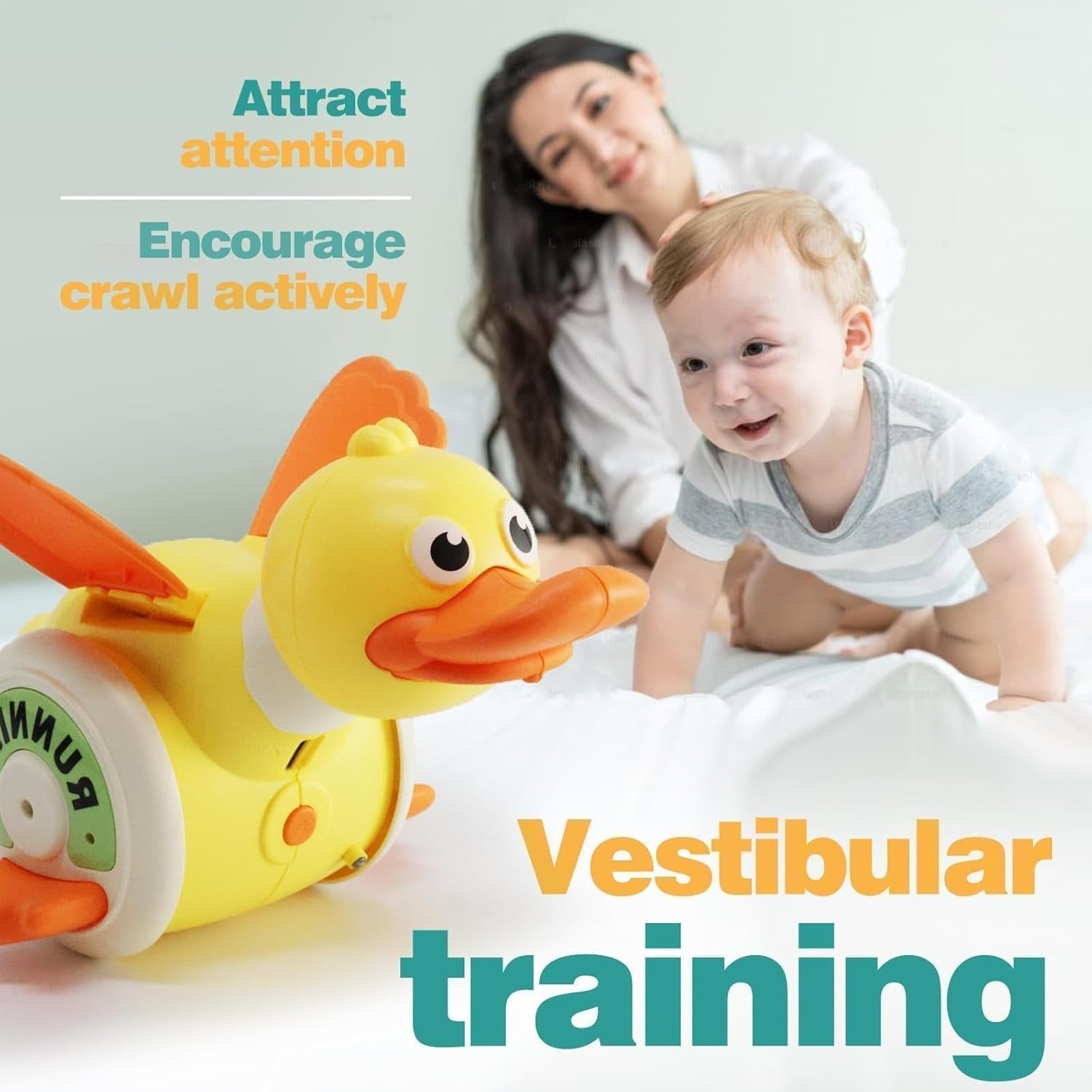 Crawling Baby with Musical Duck, Auto Obstacle Avoidance, RGB Lights, 360° Spinning, Safe for Ages 1+