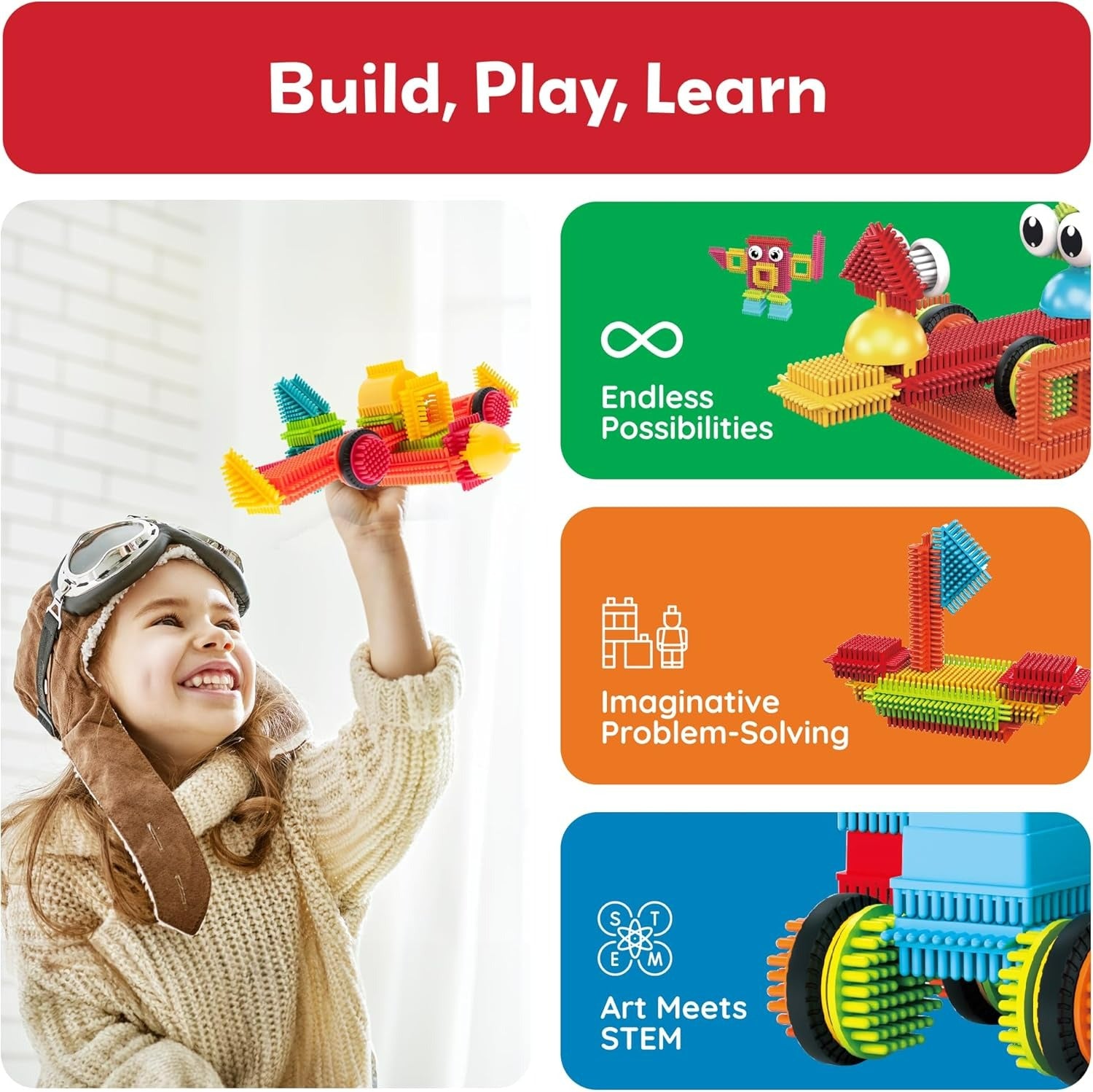 DIY Bristle Building Blocks with Creative STEM Construction Set for Kids, Easy to Build, Safe for Ages 3+