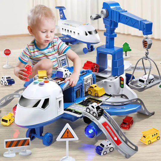 DIY Large Airplane Track Toy with Interactive Sound, Lights, Slide & 360° Crane, Safe for Kids 3+