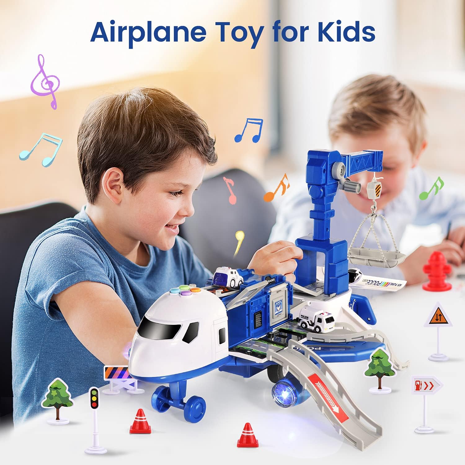 DIY Large Airplane Track Toy with Interactive Sound, Lights, Slide & 360° Crane, Safe for Kids 3+