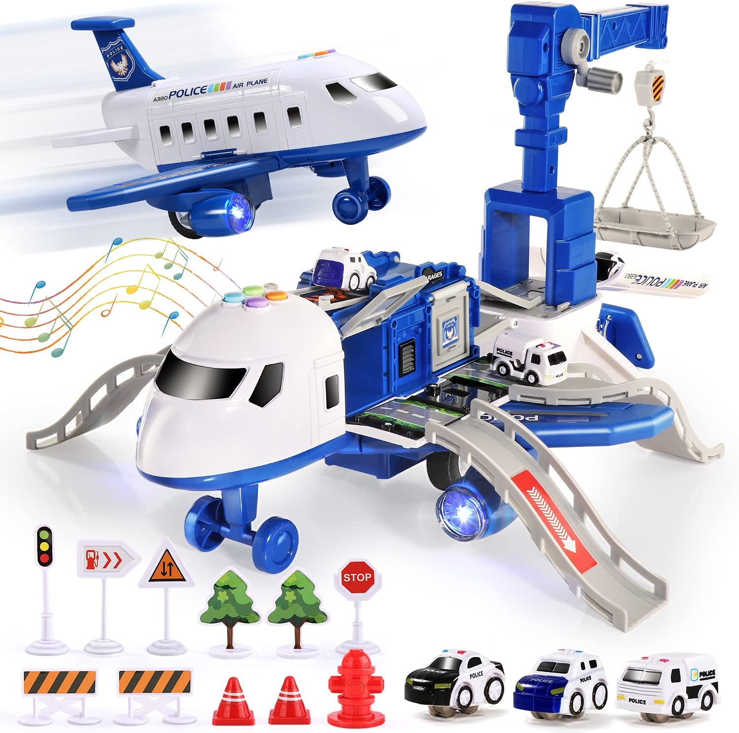 DIY Large Airplane Track Toy with Interactive Sound, Lights, Slide & 360° Crane, Safe for Kids 3+