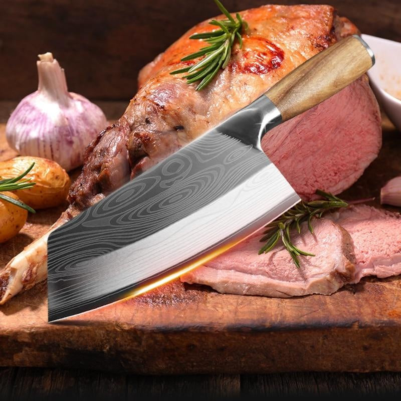 Damascus Chef Knife, Wood Handle Cleaver, Butcher Knife for Meat Chopping