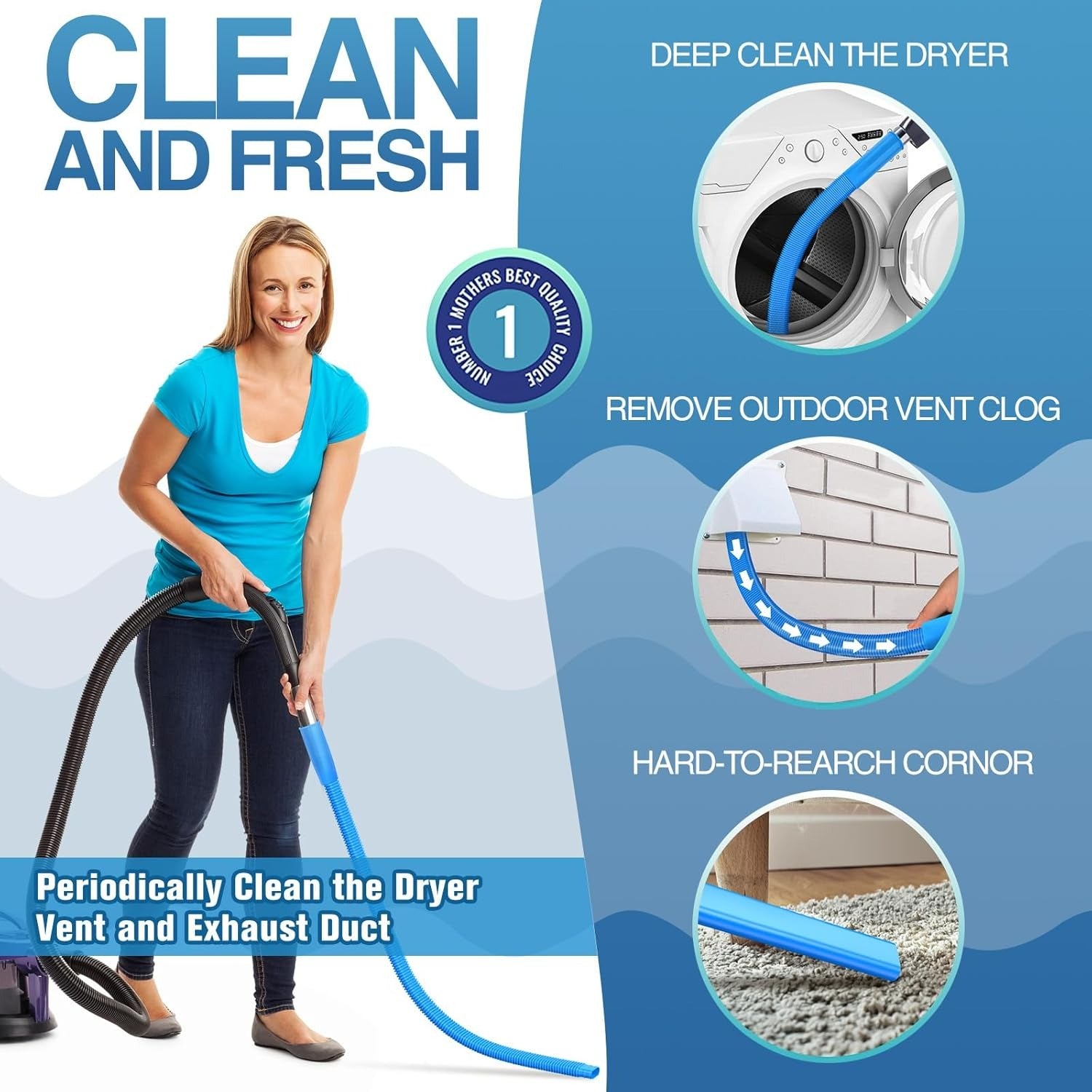 Deep Clean Dryer Vent Kit with Universal Vacuum Adapter, Flexible and Extendable Hose