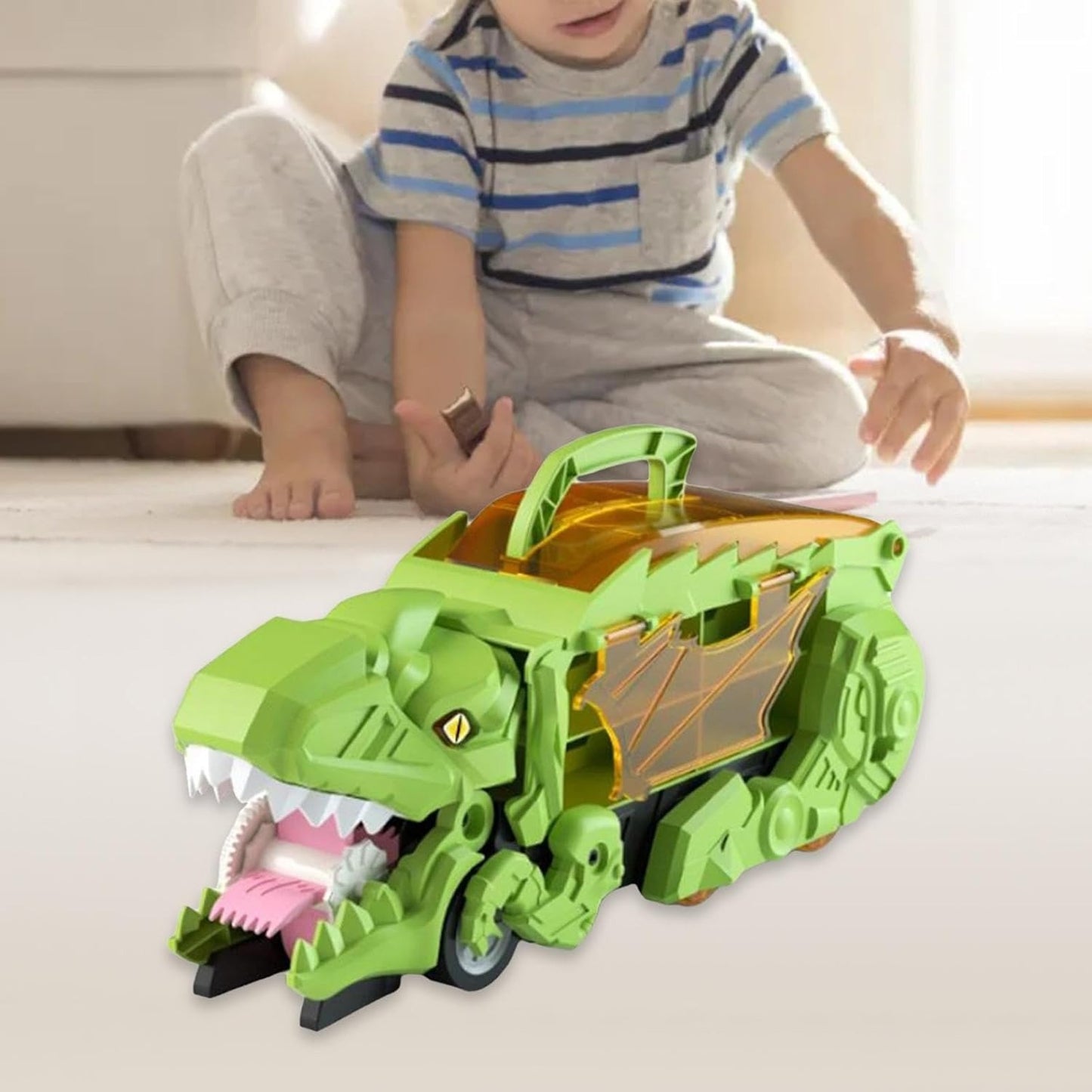 Dino Truck That Gobbles Up Cars with Swallowing Function, Transformable into Car Slide, Portable with Handle, Safe for Ages 3+