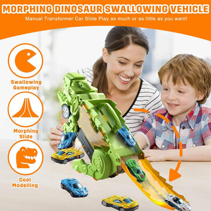 Dino Truck That Gobbles Up Cars with Swallowing Function, Transformable into Car Slide, Portable with Handle, Safe for Ages 3+